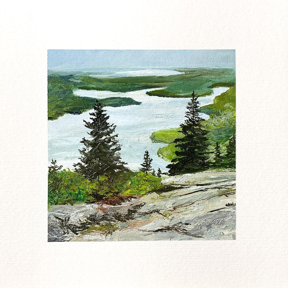 8x8 Maine Original Oil Painting Acadia Cadillac Mountain Pinetrees Ocean Signed